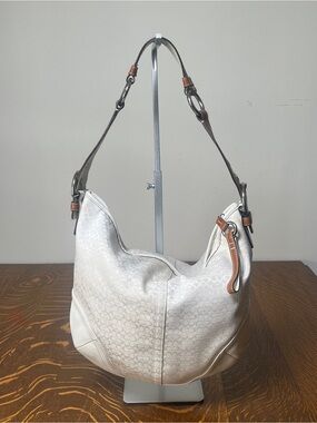 Coach SoHo Hobo Ivory Micro Signature C Canvas Shoulder Bag with Brown Accents.